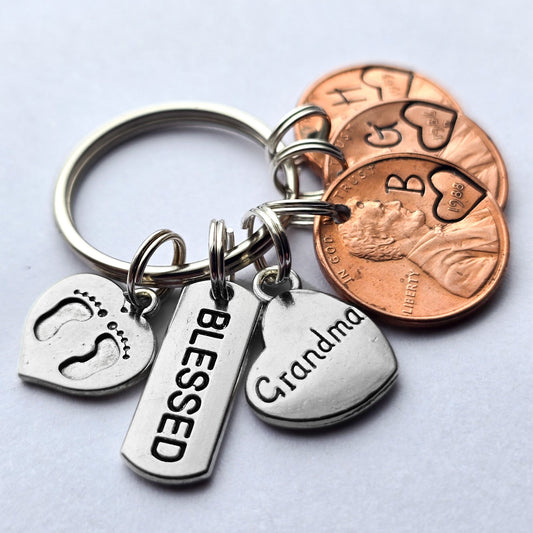 Custom Gift for Grandma, Personalized Penny Keychain with blessed,baby footprint, and grandma charm - DAYZEECREATIONZ, PERSONALIZED GIFTS-1