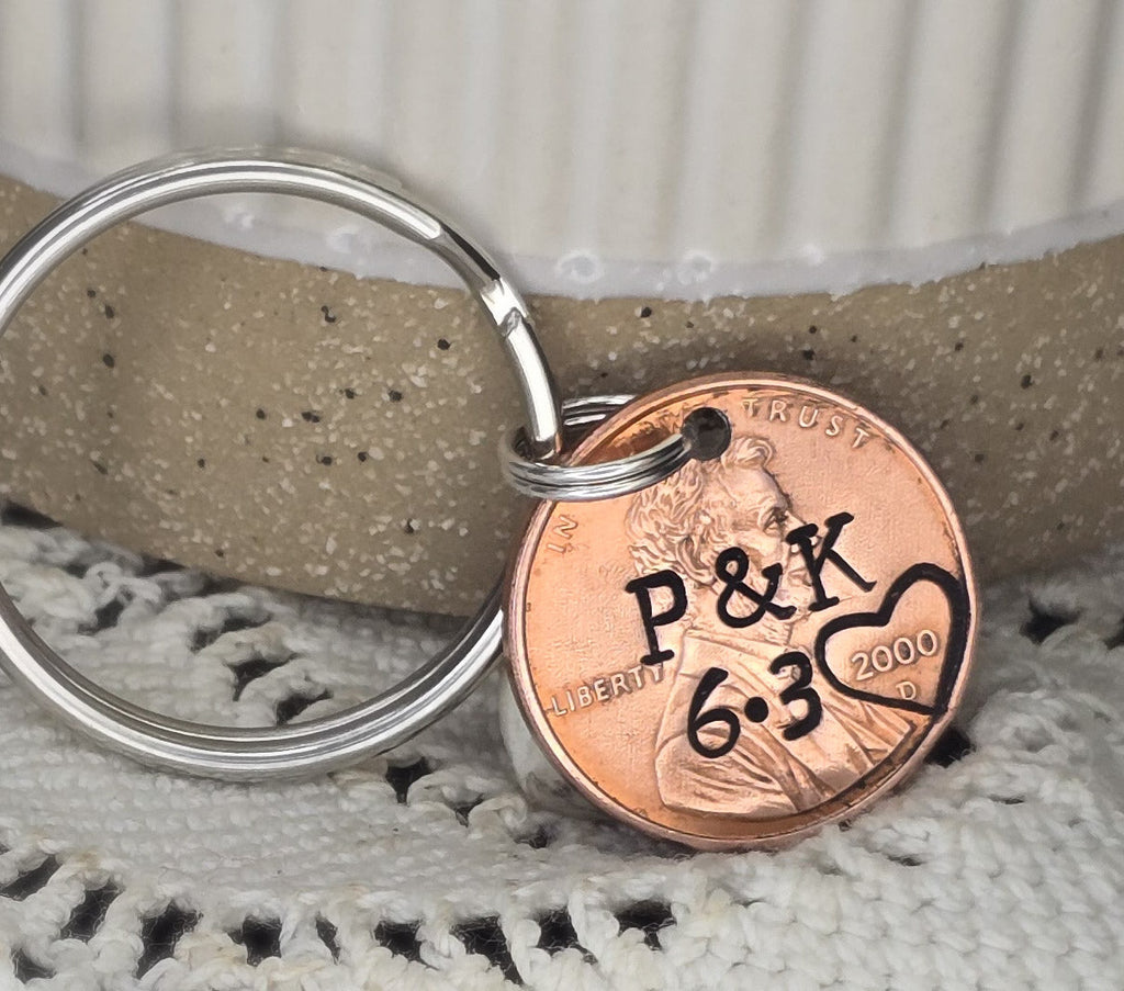 Couples Anniversary Penny Keychain - Personalized Initials, Date & Year