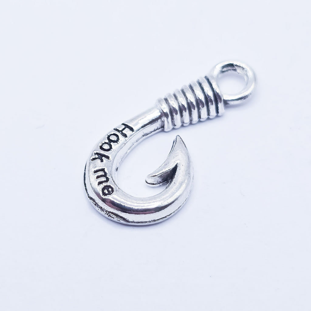 silver fishing hook charm with "hook me" imprinted