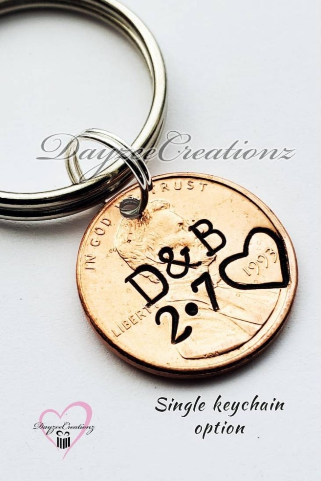 single penny keychain with initials center, date below , typewriter font