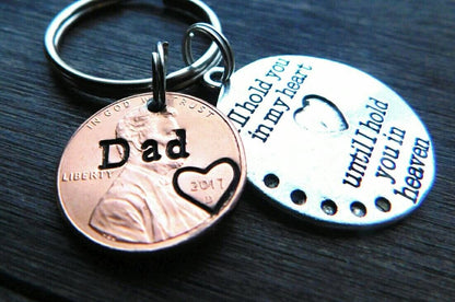 Memorial, Sympathy Keepsake Gift, Custom Penny from Heaven Keychain with I'll Hold you in my Heart charm