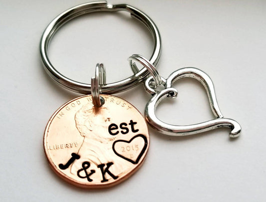 Personalized Penny Keychain with Initials and Heart Charm