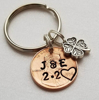 Unique and Creative Personalized Anniversary or Valentine's Day Gift for Couples, Hand stamped Penny Keychain with your Customization.