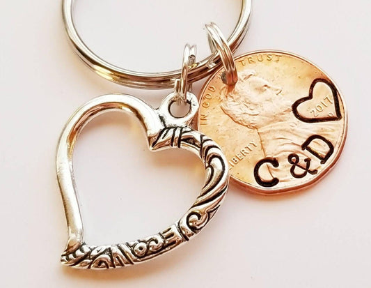 Creative Personalized Anniversary Penny Keychain, Custom with Initials stamped