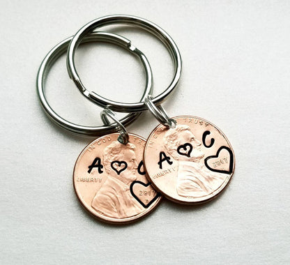 Pair of 2 Unique Personalized Anniversary Gifts for Him/Her, Romantic Valentine's Day Gift for Wife / Husband , Penny Keychain