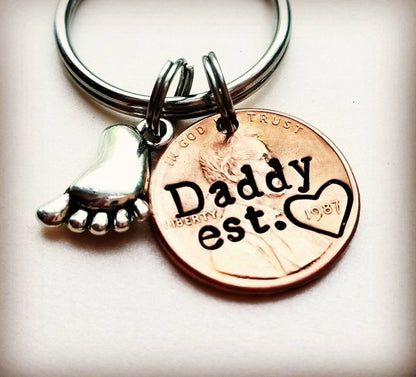 Personalized Dad Penny Keychain with Baby Foot Charm