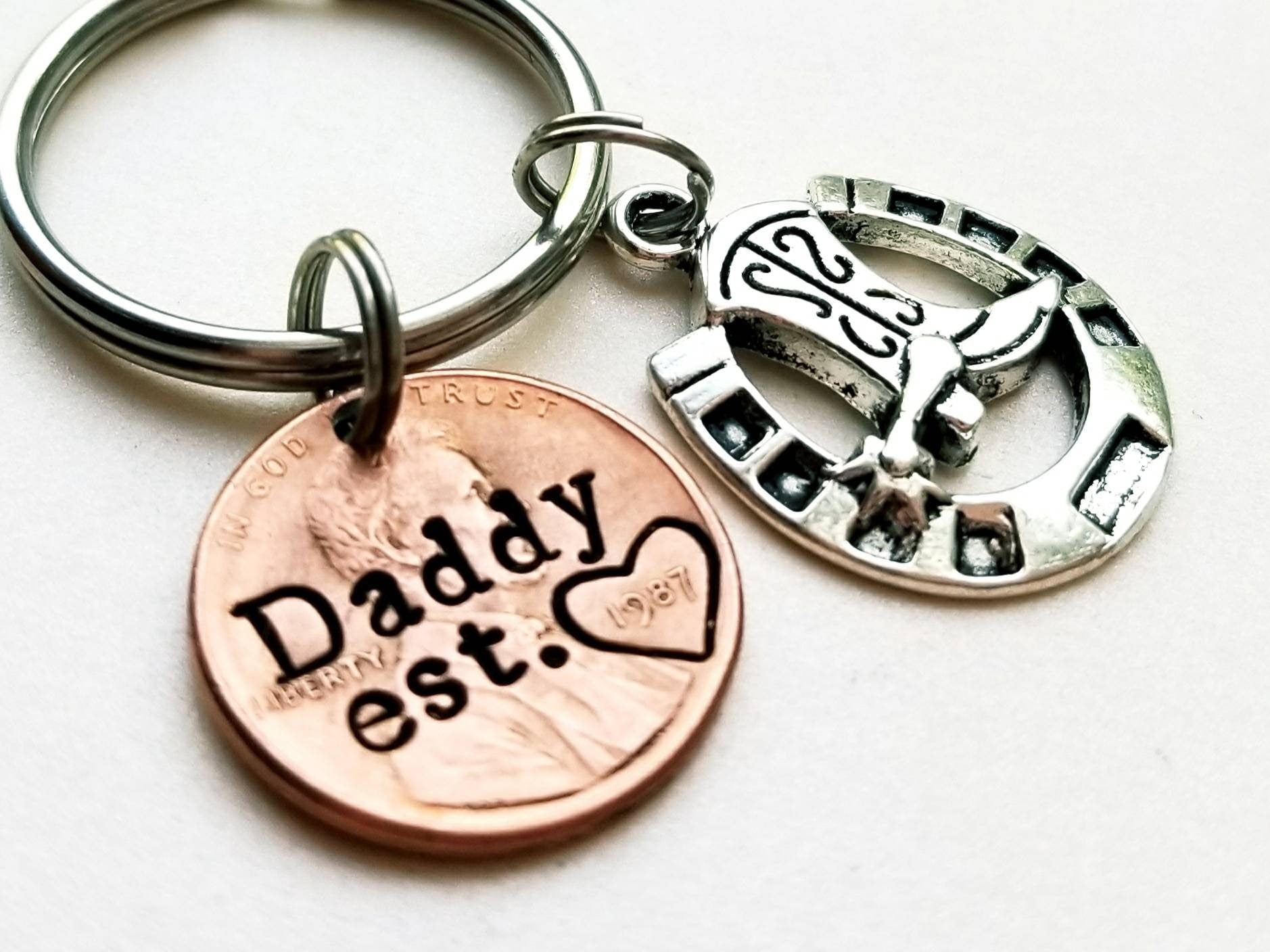 Personalized Dad Penny Keychain with Horseshoe/Cowboy boot charm