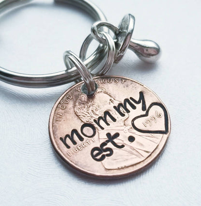 Fun Gift for Mom, Customizable Penny Keychain with Pacifier Charm