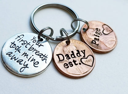 Personalized Dad Penny Keychain with "First Breath" charm