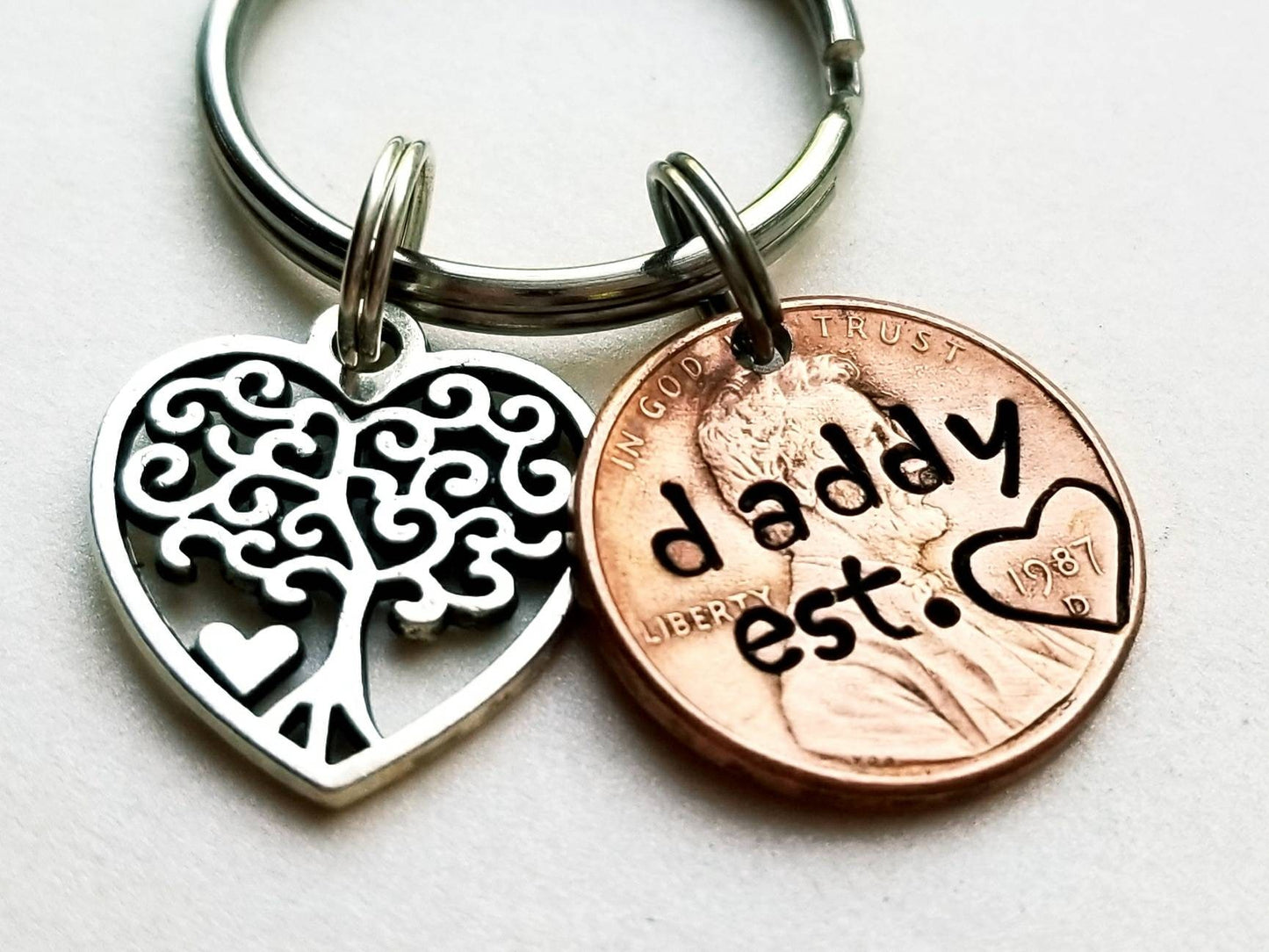 Custom Dad Gift, Personalized Penny Keychain with Heart/Tree of Life Charm