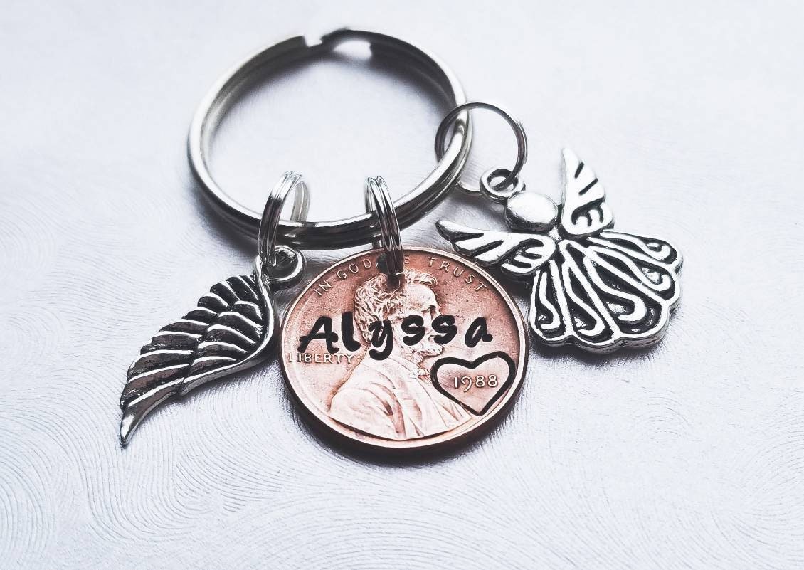 Penny from Heaven Memorial keychain with angel & wing charm