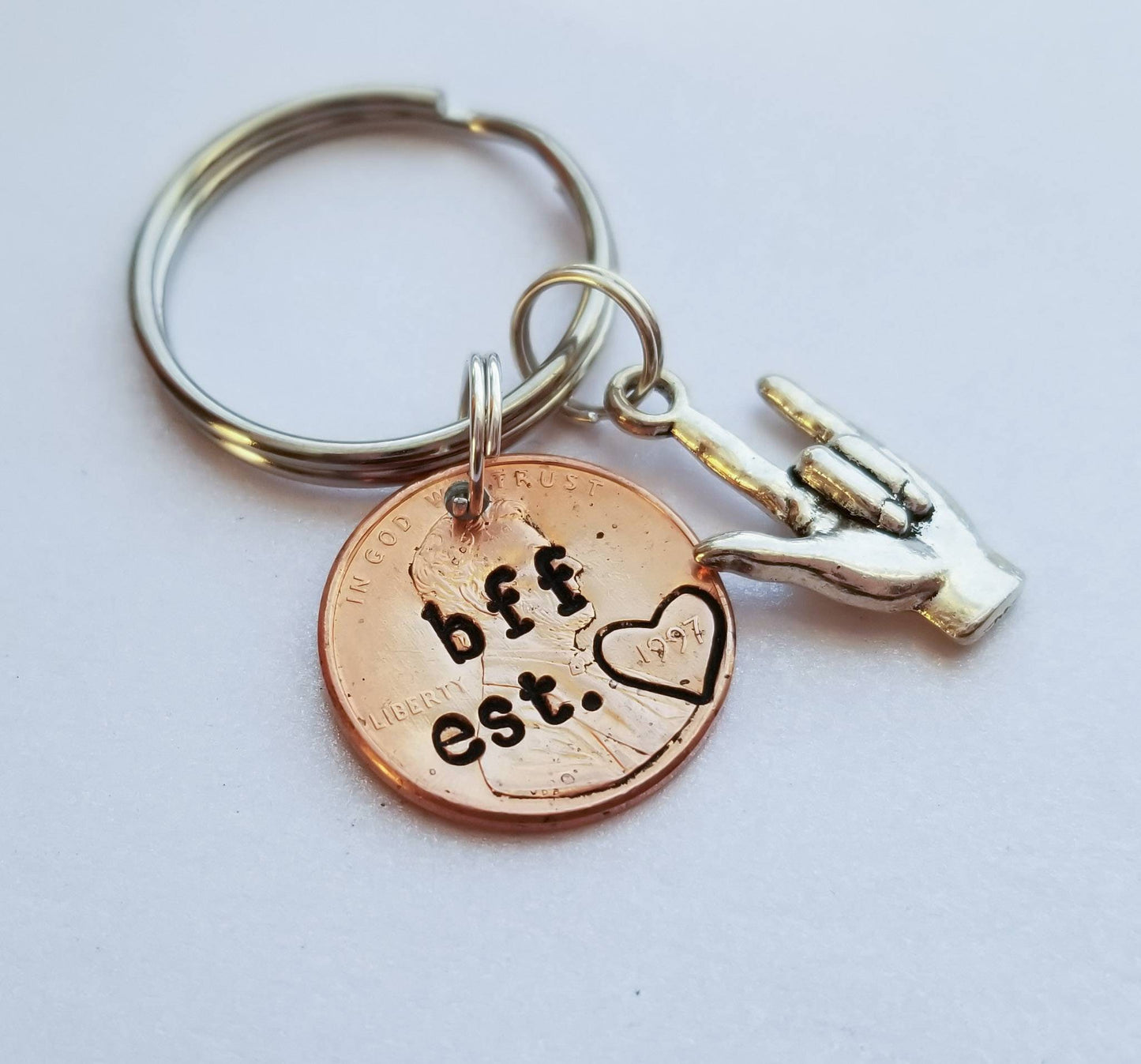 Customized Best Friend Penny Keychain with Sign Language I love You Charm