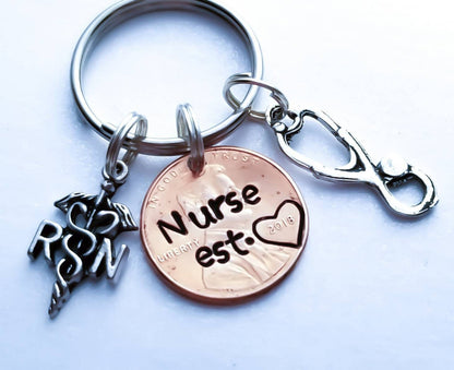 Nurse penny Keychain with charms shown