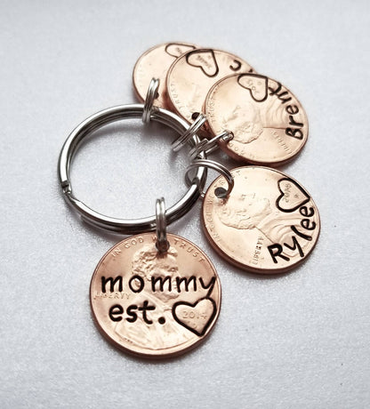 Personalized Penny Keychain for Mom with Kid's Names Stamped on Additional pennies