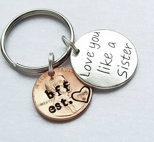Custom Personalized Best Friend Penny Keychain Gift With "Love You Like a Sister" Charm