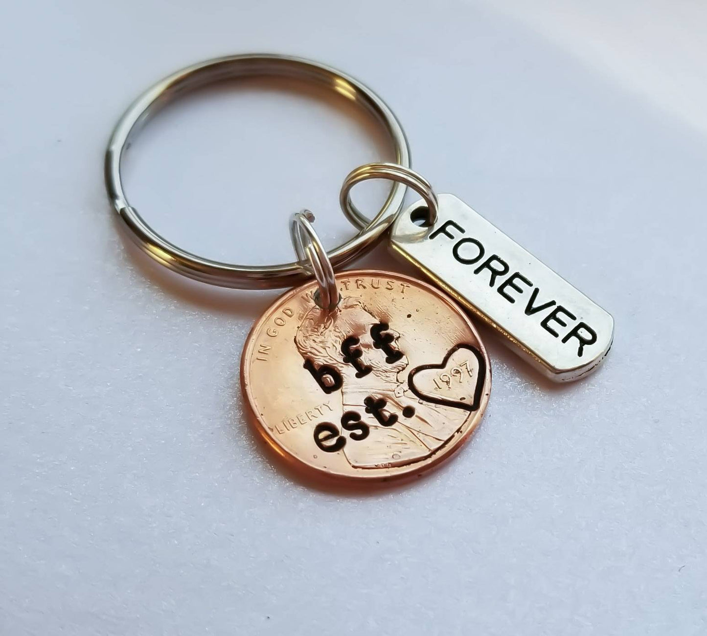 Best Friend Gift- Stamped Lucky Penny Keychain Custom with Your Text