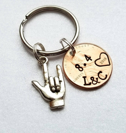 Sentimental Anniversary/ Valentine's Day Gift for Her/Him. Custom Penny Keychain with "i Love you" ASL charm