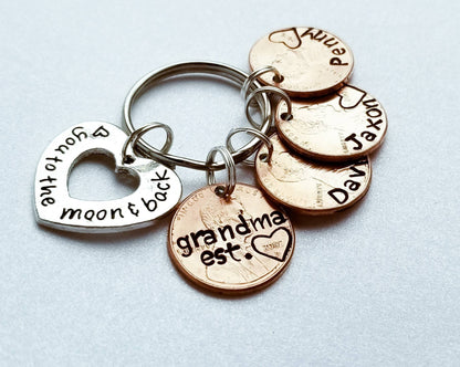 Thoughtful Gift Idea for Grandma, Custom stamped Penny Keychain with love you to the moon charm - DAYZEECREATIONZ, PERSONALIZED GIFTS