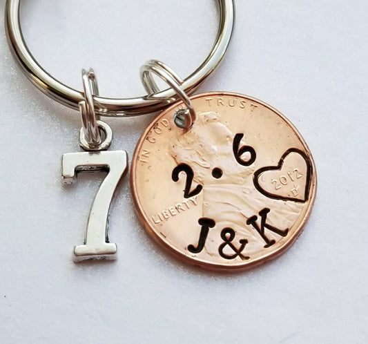 Seventh Anniversary Gift -Creative Personalized Penny Keychain with Initials, Date, and "7" Charm
