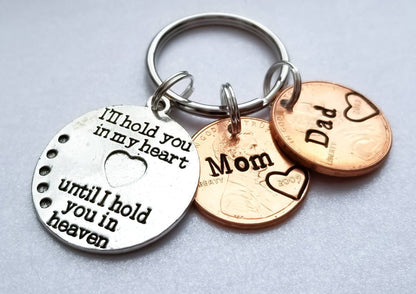 Memorial, Sympathy Keepsake Gift, Custom Penny from Heaven Keychain with I'll Hold you in my Heart charm