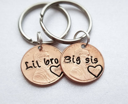 Custom Personalized Little Brother Big Sister Penny Keychain, for Him, for Her, Bro, Birthday, Christmas, for Brother, for Sis, Valentine's