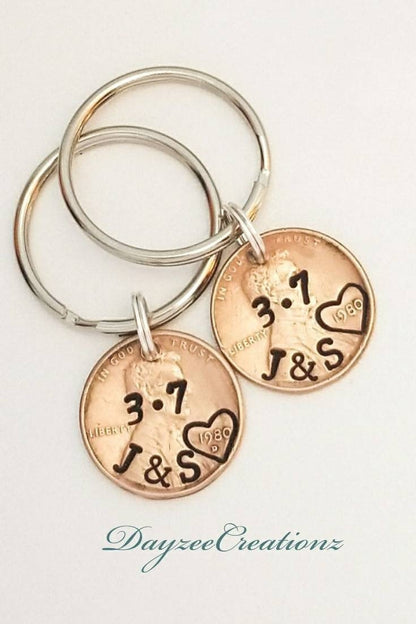 Pair of two Personalized Anniversary Penny Keychains