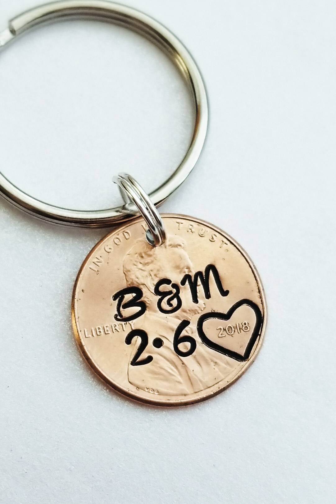 Personalized Penny Keychain-Anniversary Gift with Initials and Date stamped