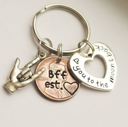 Best friend/love you to moon/asl/ penny keychain