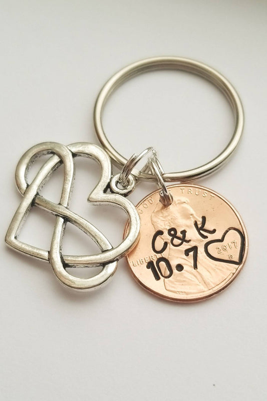 Anniversary Penny Keychain with Initials and Date | Includes Heart Infinity Charm