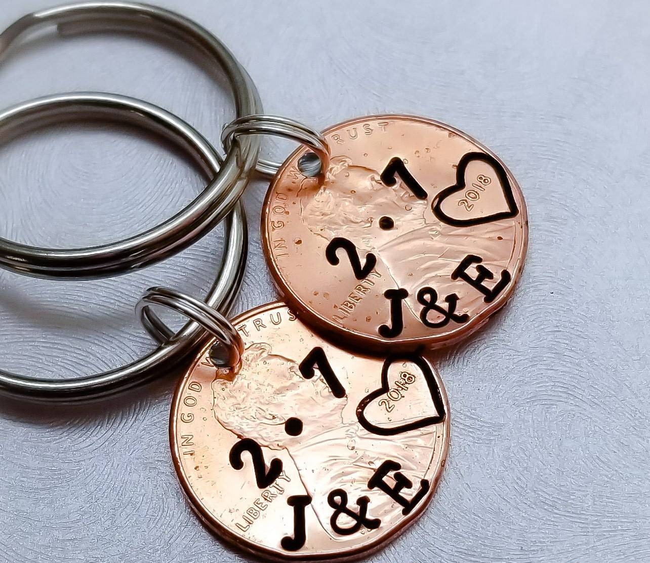 Pair of two Personalized Anniversary Penny Keychains customized with Initials and date