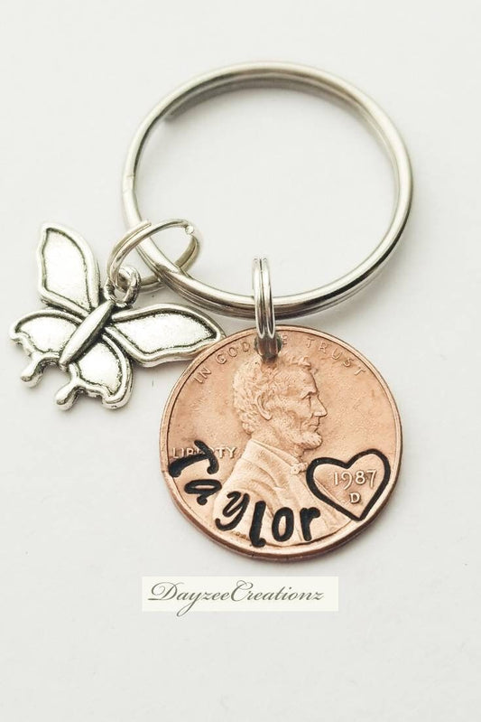 Personalized LUCKY PENNY Keychain, Name, for Him/Her, Birthday Gift ,Best Friend, Girlfriend, Mom, Dad, Valentine's, Sister, Butterfly