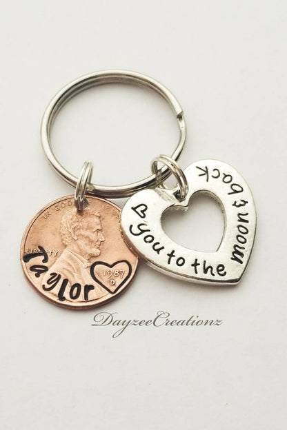 Custom name penny keychain with "love you to the moon" charm