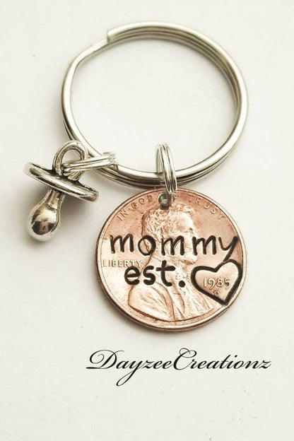 Fun Gift for Mom, Customizable Penny Keychain with Pacifier Charm