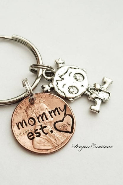 Mother's Day Gift, Personalized Hand Stamped Penny Keychain With Baby Charm