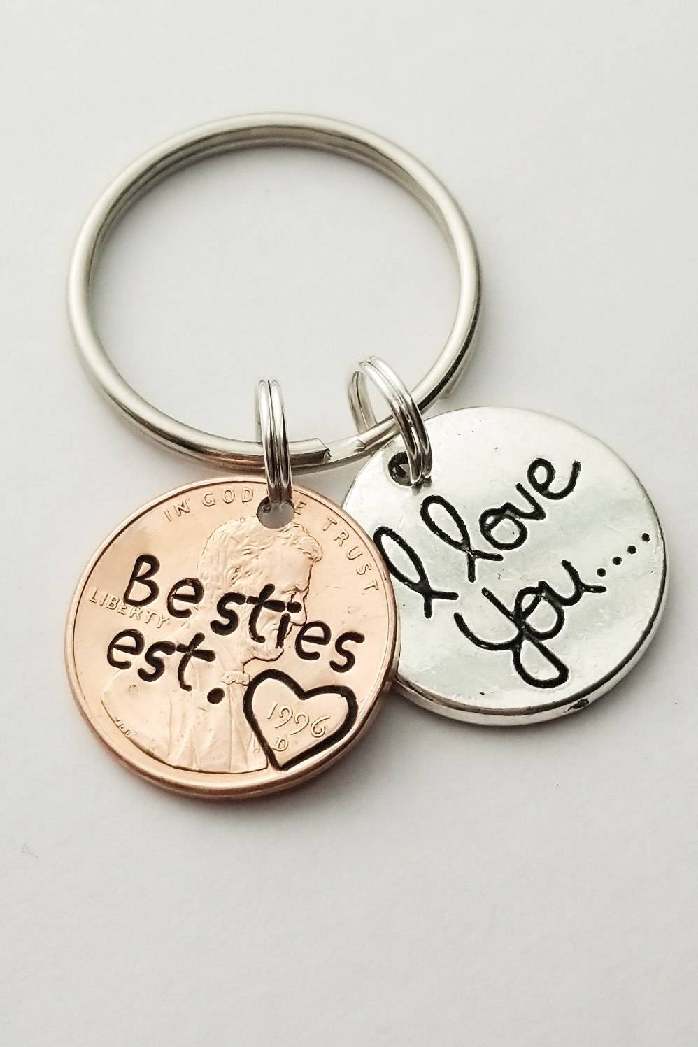 Customized Best Friend Gift, Stamped Penny Keychain Personalized with Your Text, With "I Love you" Charm