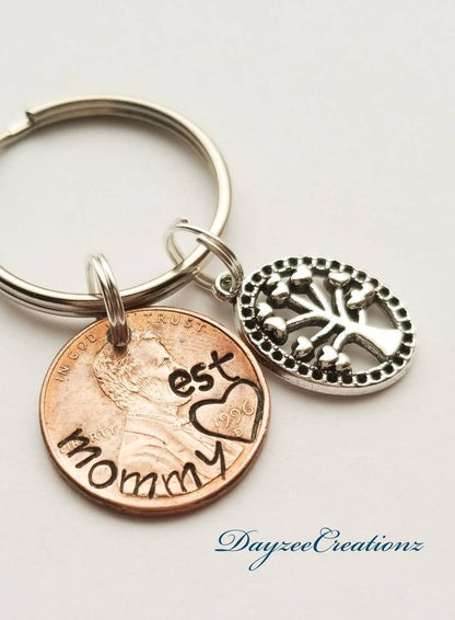 Personalized Penny Keychain for Mom, With tree of Life Charm