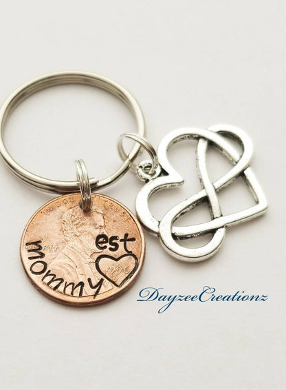 Personalized Penny Keychain, Gift for Mom with heart/infinity charm