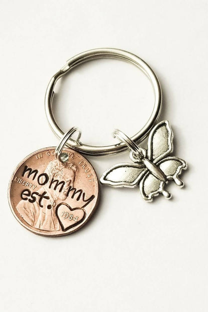 Mommy Penny Keychain with Butterfly Charm, Personalized with your Text