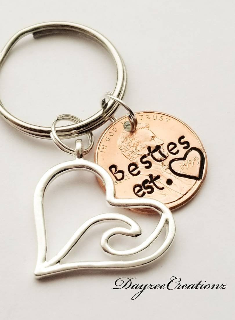 Personalized Best Friend Gift - Stamped Penny Keychain With Your Text & Heart/Wave Charm