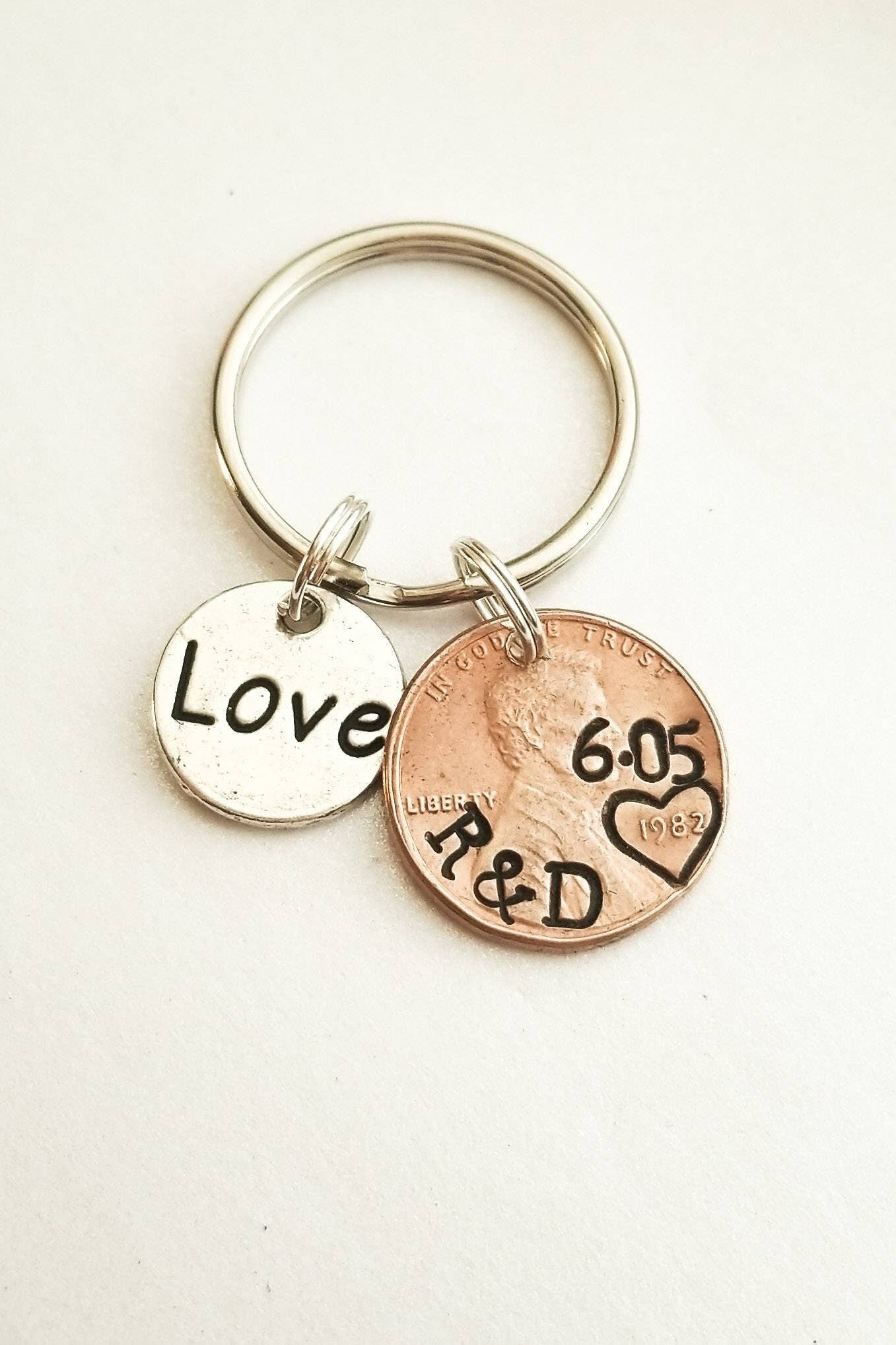 Anniversary Penny Keychain-Personalized with Initials, Date, & Heart