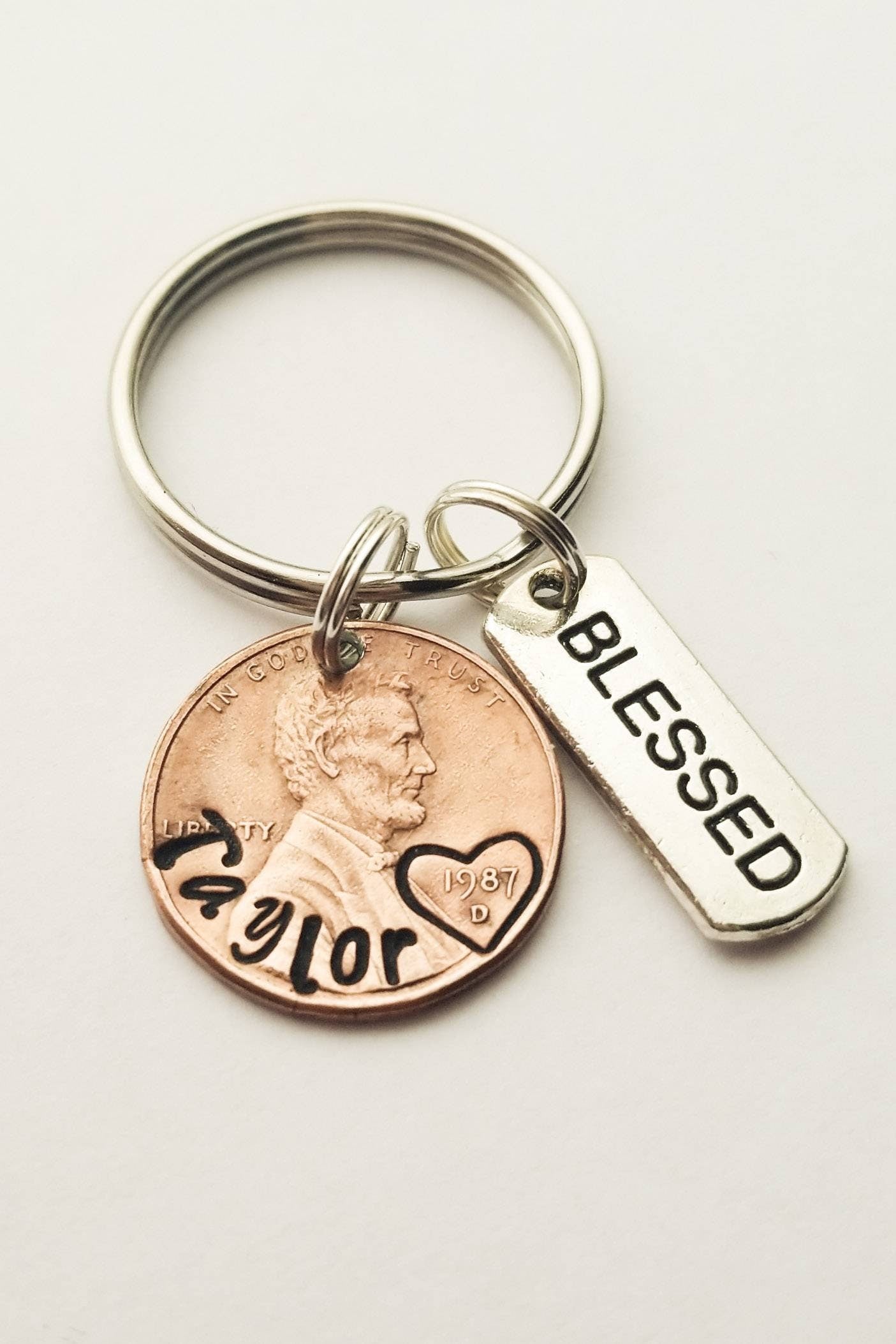 Custom name penny keychain with "blessed" charm