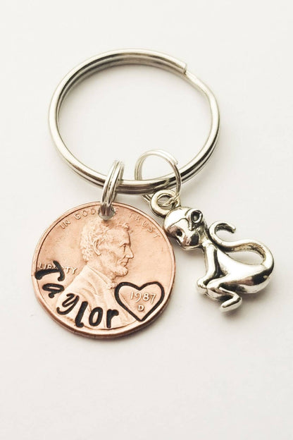 custom name penny keychain with monkey charm