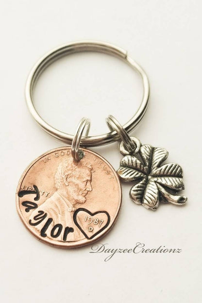 Custom Name Penny Keychain with Clover charm