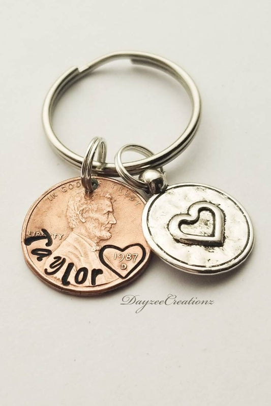 Personalized Gift, Lucky Penny Keychain with Name Hand stamped.