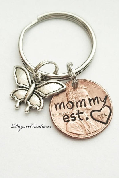 Mommy Penny Keychain with Butterfly Charm, Personalized with your Text