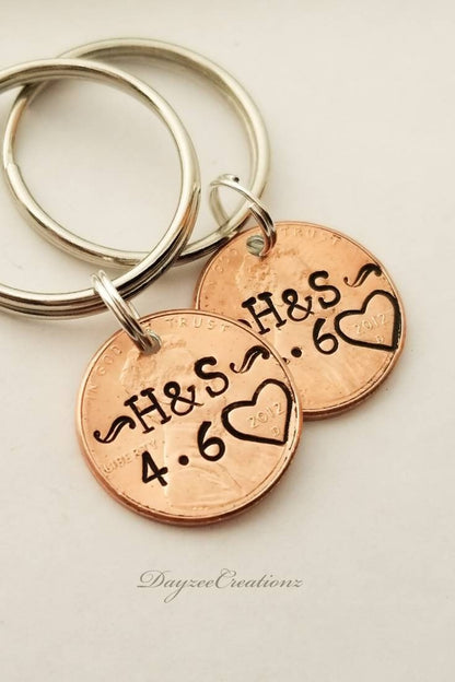 Personalized Lucky Penny Keychain Stamped with Initials, Anniversary Date, and Heart