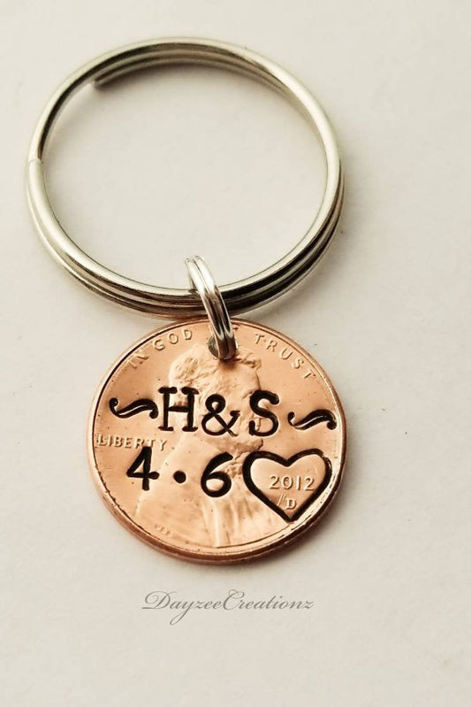 Personalized Lucky Penny Keychain Stamped with Initials, Anniversary Date, and Heart
