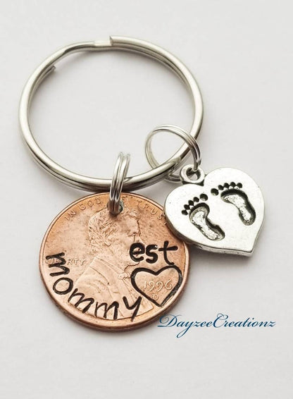 Customizable Mother's Day Penny Keychain with Footprint Charm