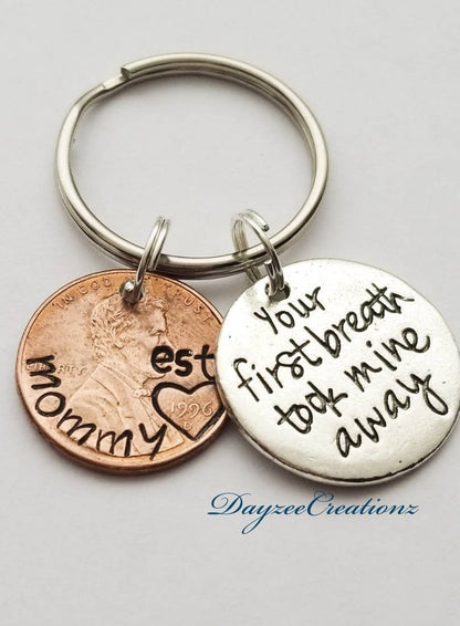 Unique Meaningful Personalized Penny Keychain for Mom with "Your First Breath" charm