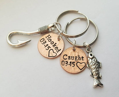 Personalized Hooked/Caught Penny Keychains, Anniversary Gift for Fishing couples